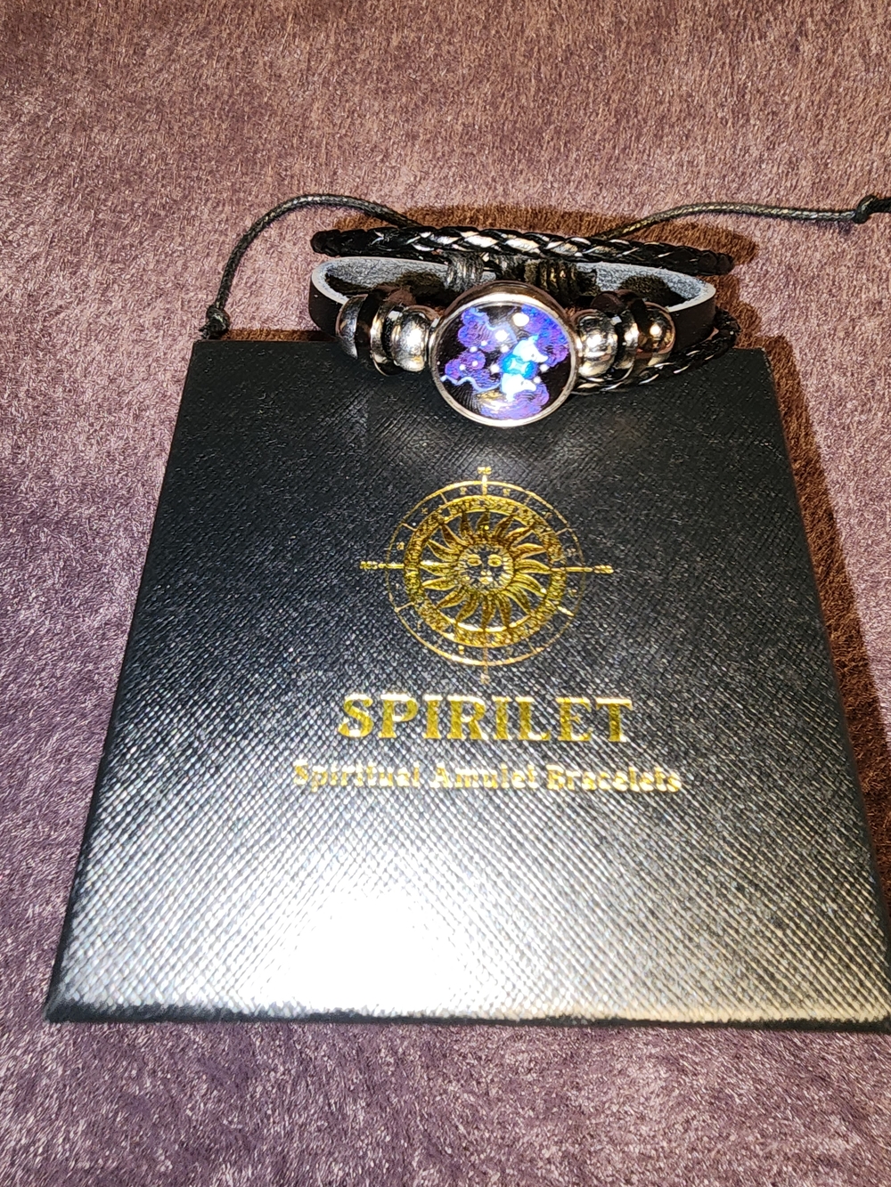 Black Leather Bracelet-Purple Galaxy Cabochon Gemini $9 NIP